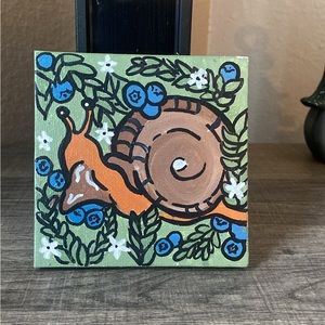 Snail eating blueberries mini painting